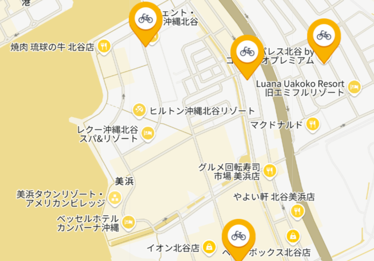 アメリカンヴィレッジ周辺 レンタサイクルスポット 地図