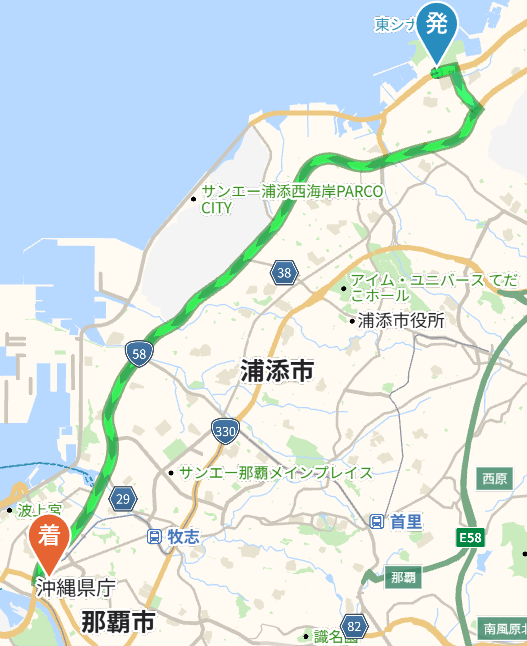 コンベンションセンターから那覇バスターミナルまで車で行く場合の案内地図