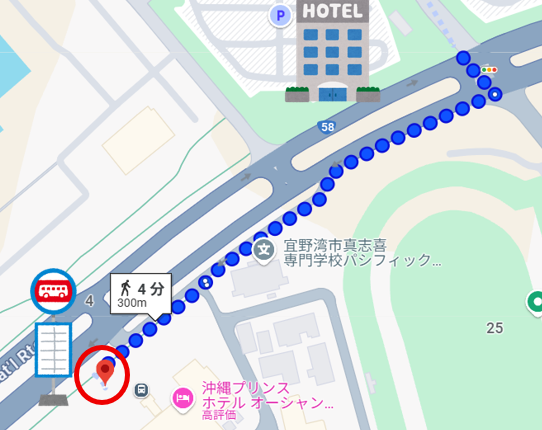 コンベンションセンターからプリンスホテルまでの案内地図