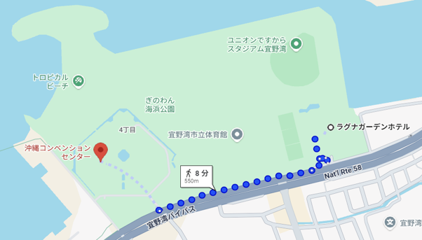 ラグーナガーデンホテルからコンベンションセンターまでの徒歩経路