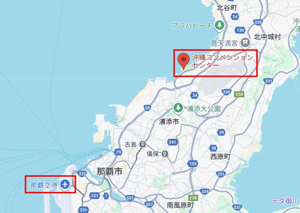 那覇空港から沖縄コンベンションセンターのマップ