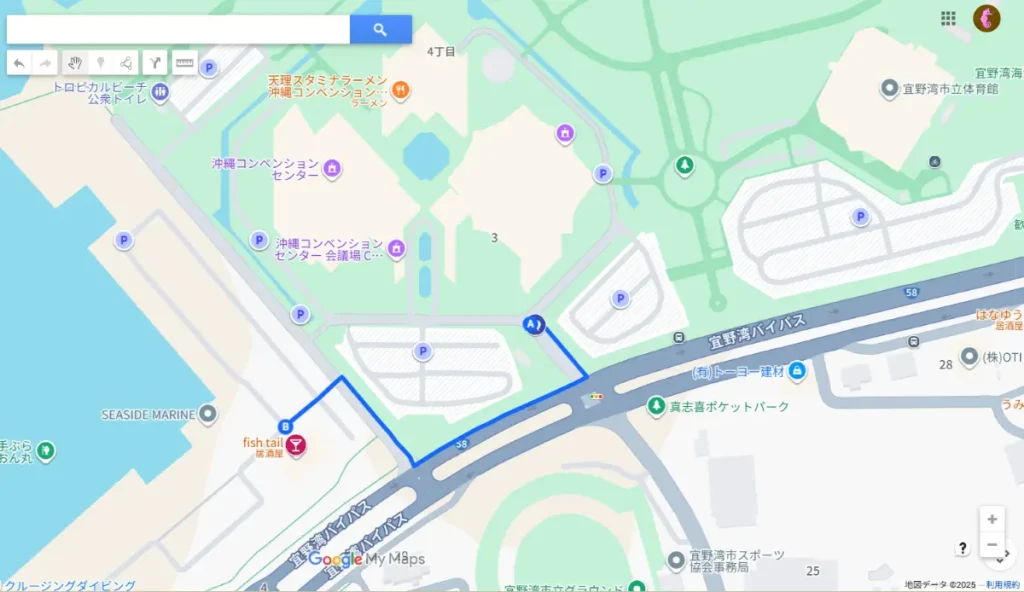 沖縄コンベンションセンターから「fish tail」までのルート(Googleマイマップより)