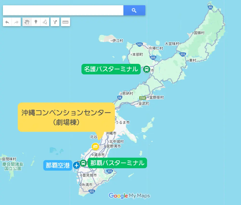 主要拠点と沖縄コンベンションセンター 劇場棟の位置関係を示した地図