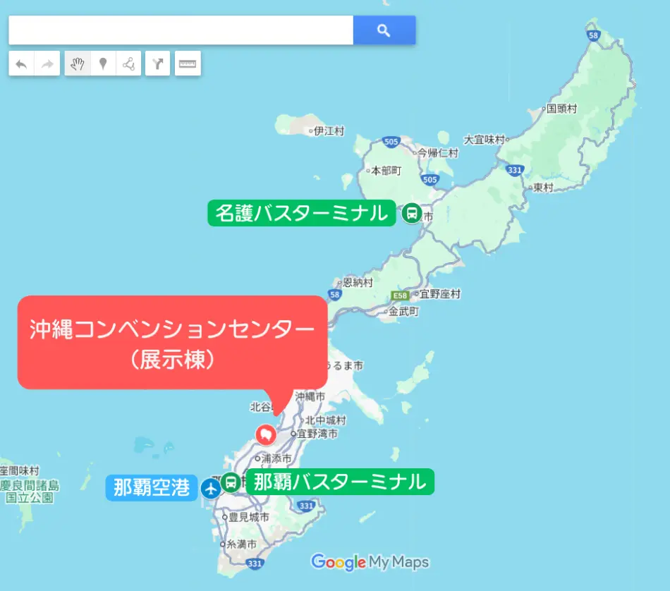 沖縄主要ポイントと沖縄コンベンションセンターの位置を示した地図