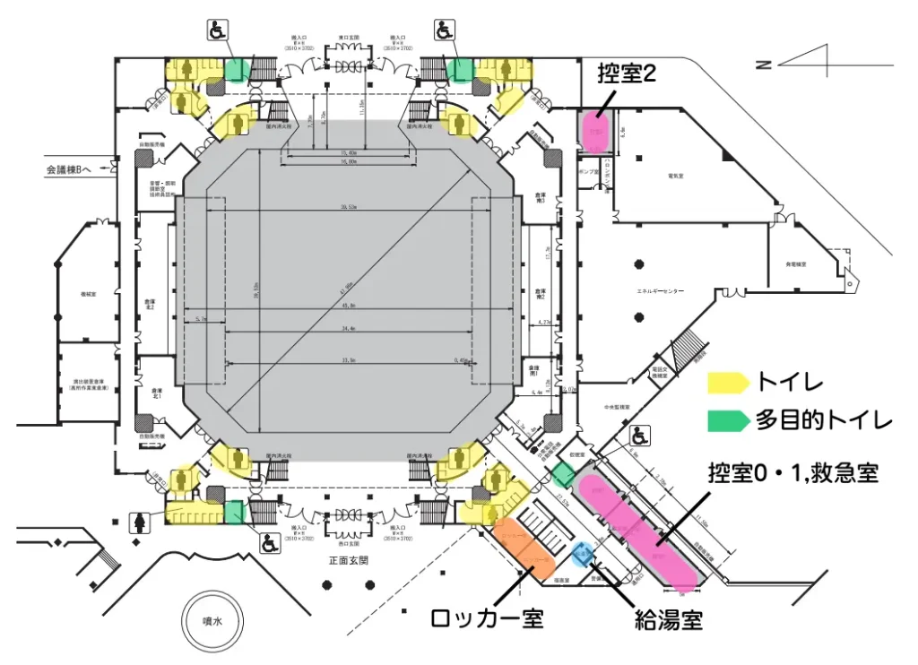 沖縄コンベンションセンター 展示棟のトイレ・控室等の位置関係図面
