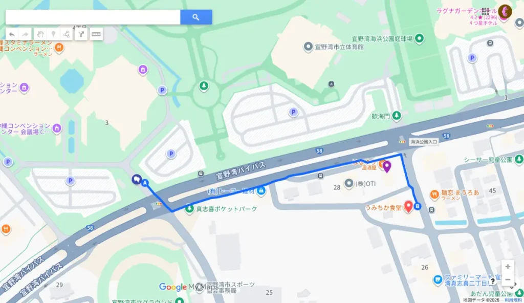 沖縄コンベンションセンターからうみちか食堂までのルート(Googleマイマップより)