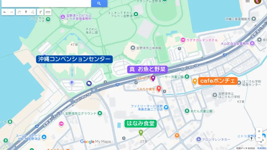 沖縄コンベンションセンターから徒歩圏内のランチスポットをまとめた地図(Googleマイマップより)