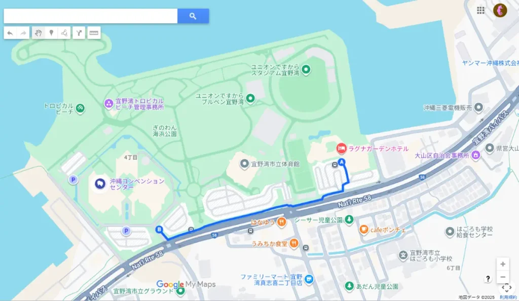 ラグナガーデンホテルから沖縄コンベンションセンターへの経路（Googleマイマップにて作成）