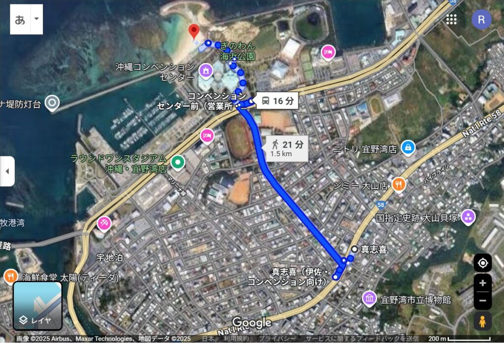 真志喜バス停からトロピカルビーチ経路