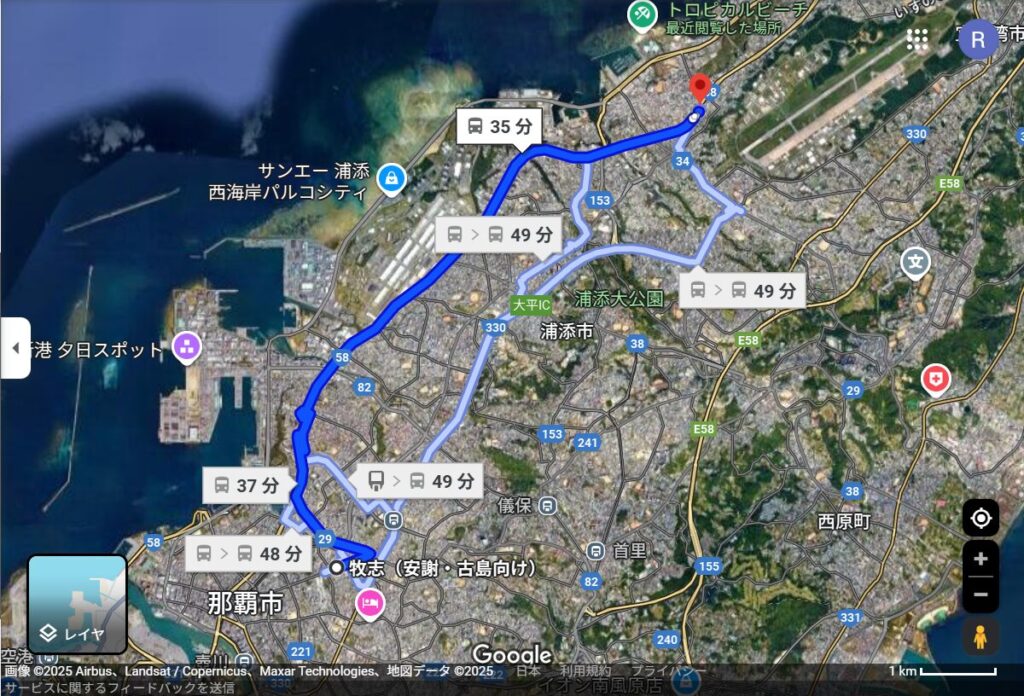 牧志バス停から真志喜バス停経路