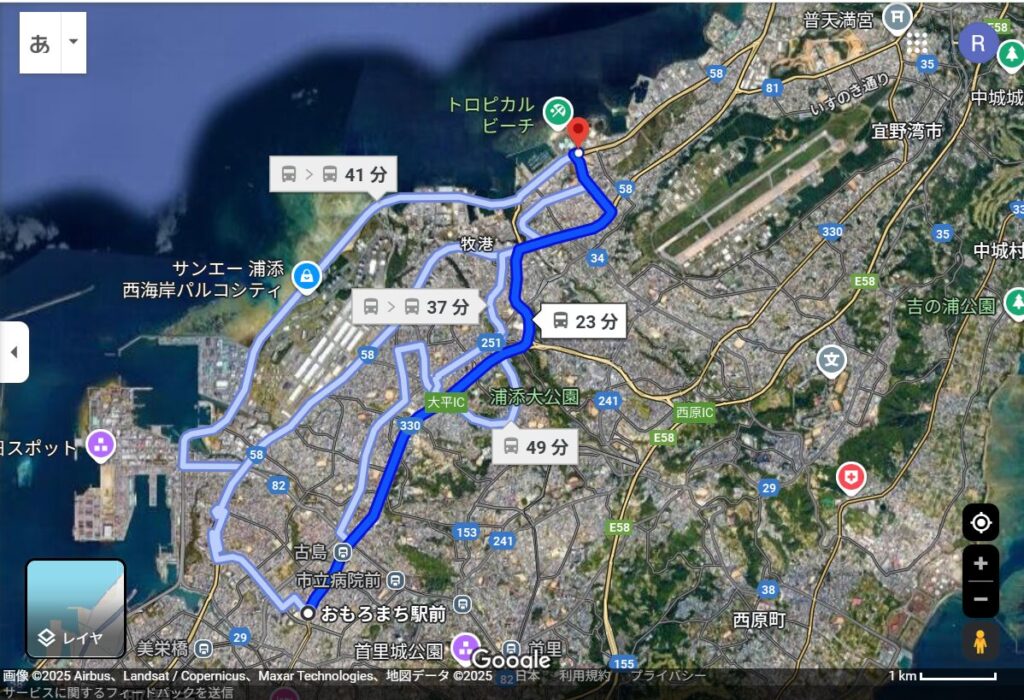 おもろまち駅前バス停からコンベンションセンター前バス停経路