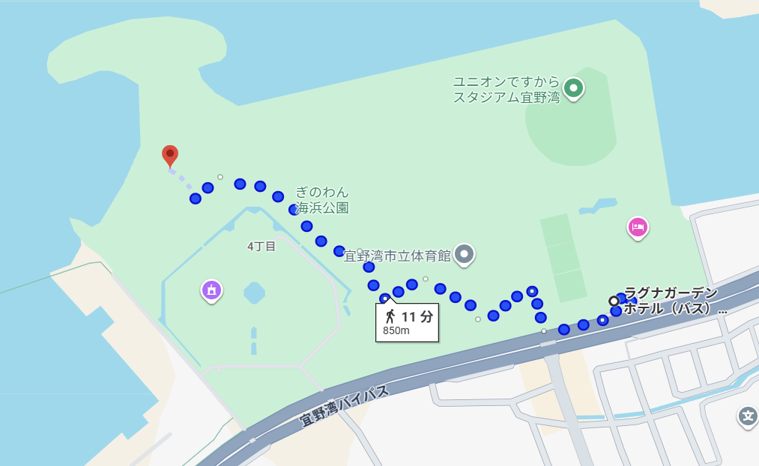 ラグーナガーデンホテルからトロピカルビーチまでの徒歩経路