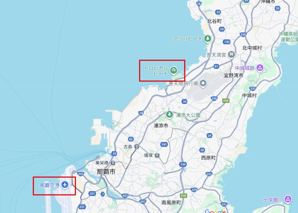 那覇空港からトロピカルビーチの地図