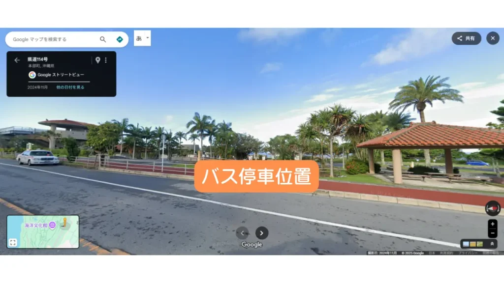 写真1
記念公園前バス停のバス停車位置（ストリートビュー）