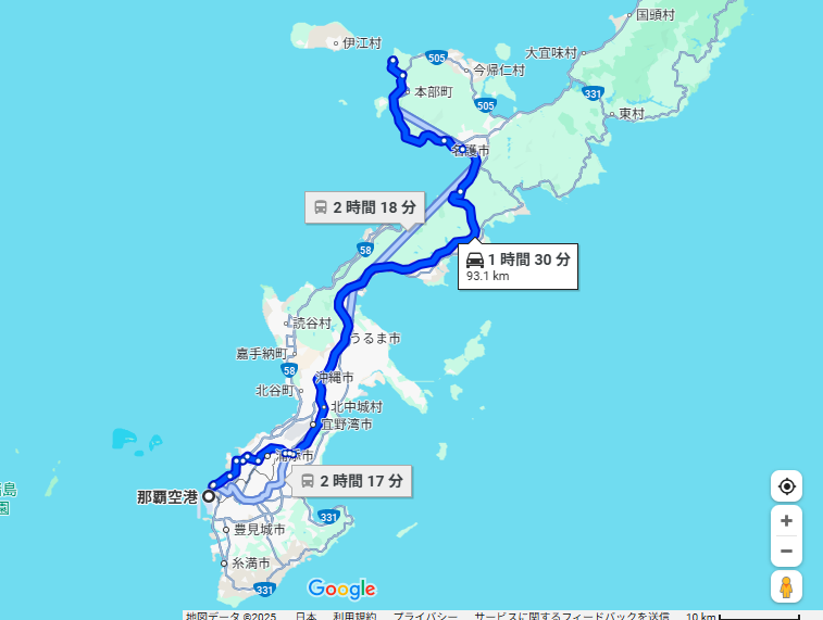 那覇空港から美ら海水族館Googleマップ