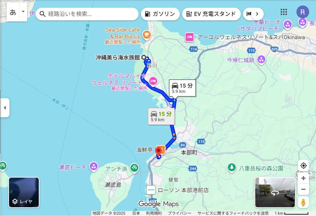 美ら海水族館からBar Ashへの経路
