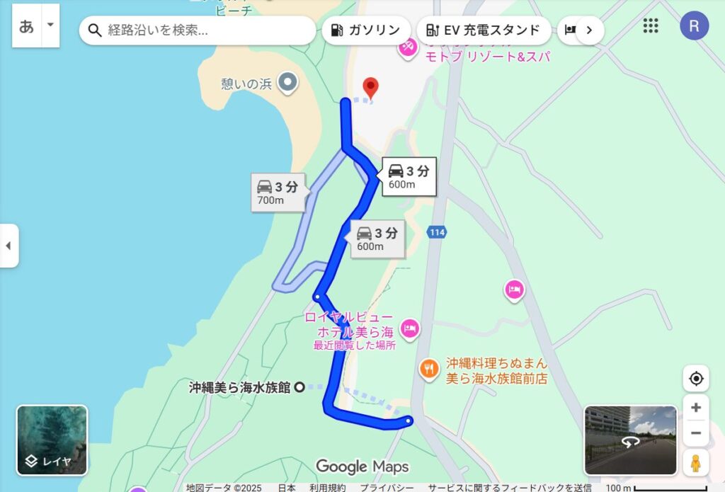 美ら海水族館からオリオンビアバーへの経路