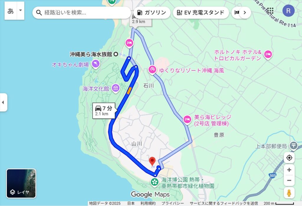 美ら海水族館からラウンジ&バー カラハイ(Lounge&Bar KARAHAI)への経路