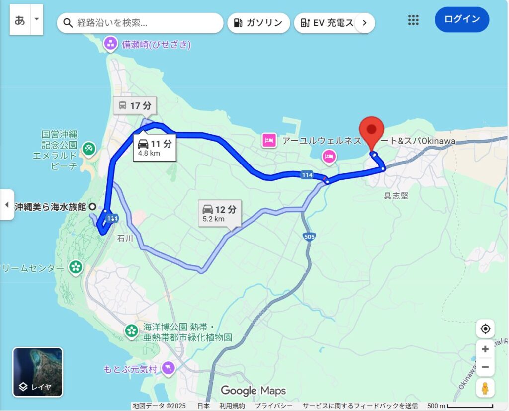 美ら海水族館からあぐー豚しゃぶしゃぶ専門店 オーシャンBoo！ 美ら海店への経路