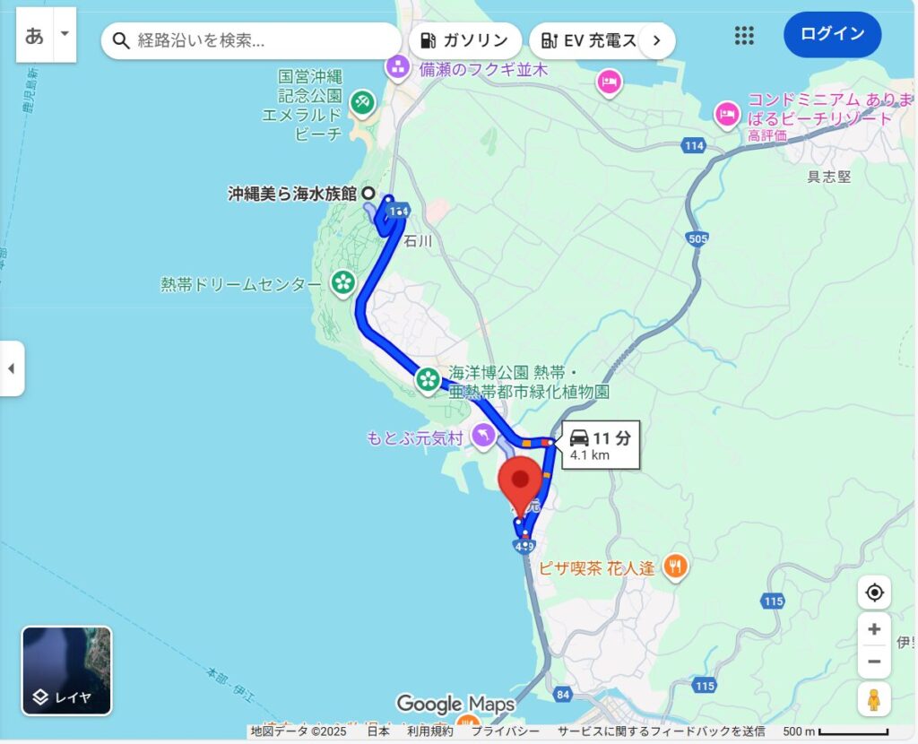 美ら海水族館から鉄板焼きダイニング 美らSUNへの経路