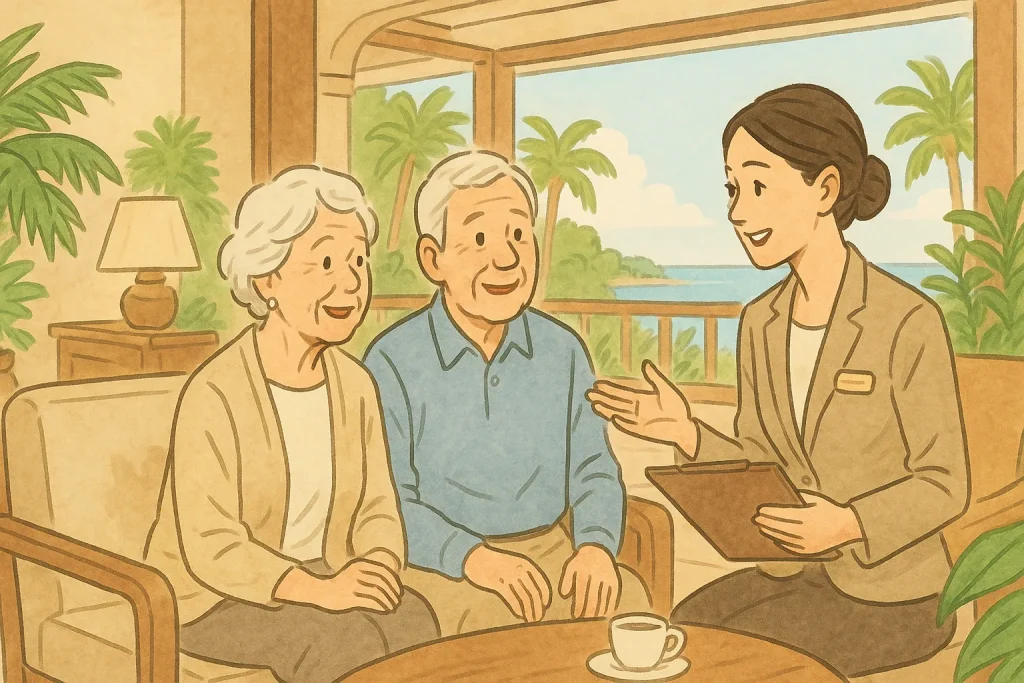 沖縄リゾートホテルで高齢者夫婦がスタッフと笑顔で交流する口コミ評価シーン