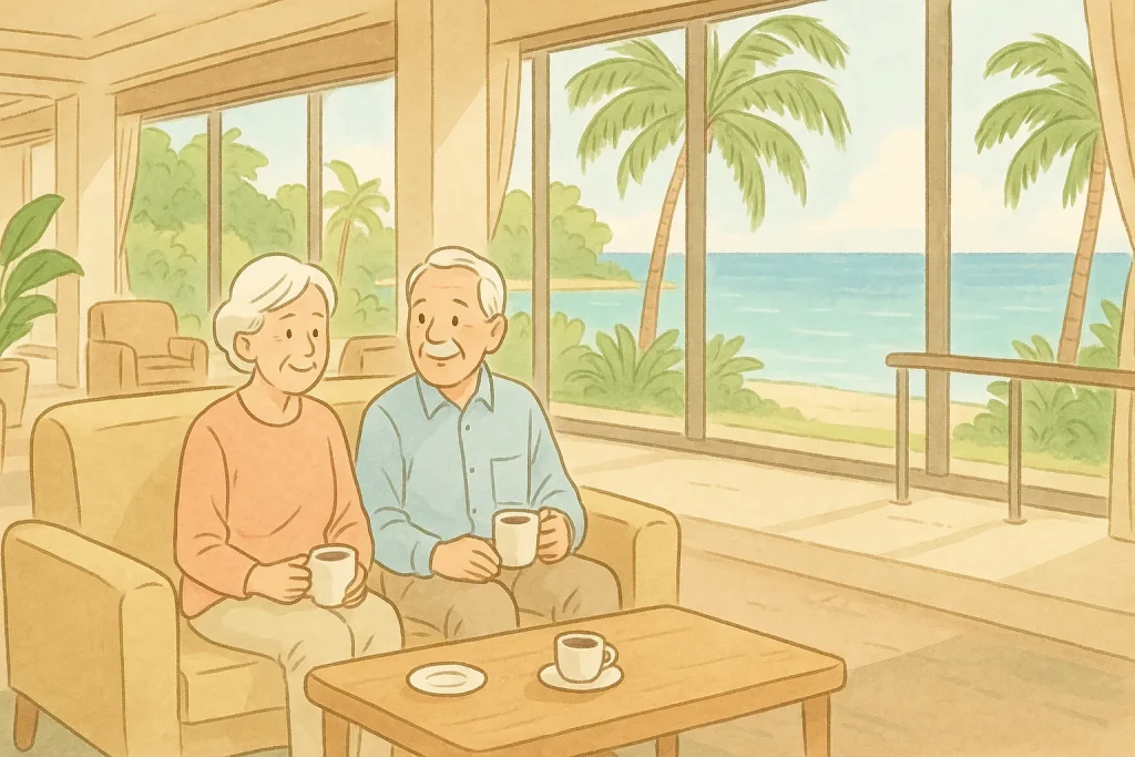 沖縄リゾートホテルのラウンジで高齢者夫婦が安心して過ごす様子