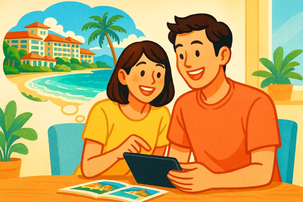 オーシャンビューが見えるホテルを選んでいる様子