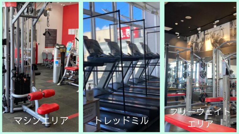 ジョイフィット泡瀬のマシンエリアとトレッドミル、フリーウィエイトエリアのイメージ画像