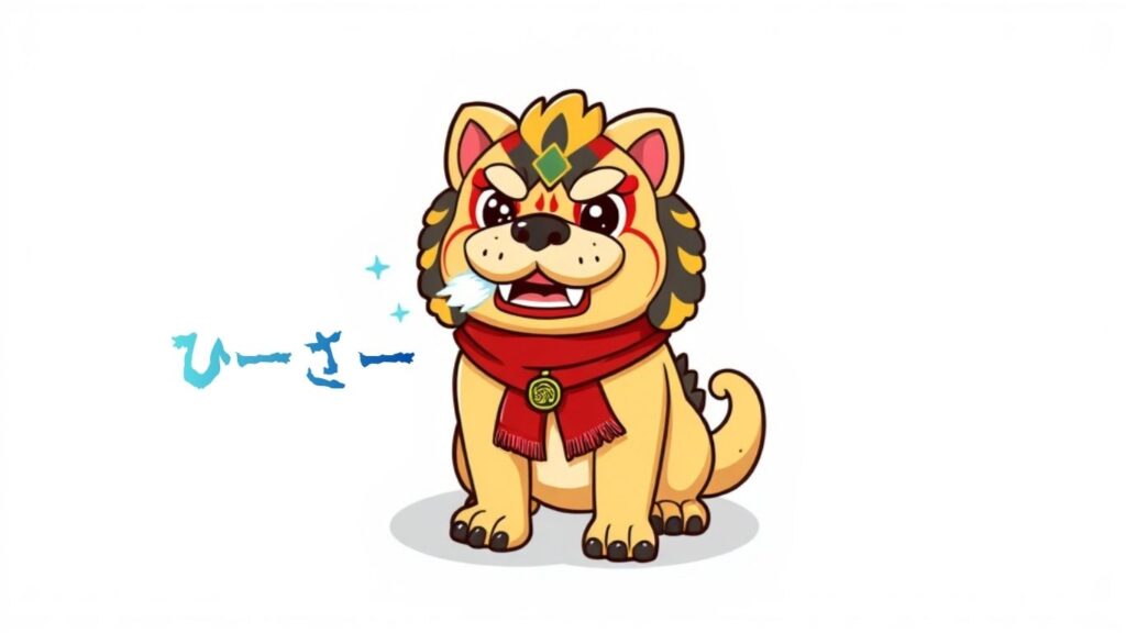 観光キャッチイメージ、シーサーが沖縄方言で寒いねーと言っている。